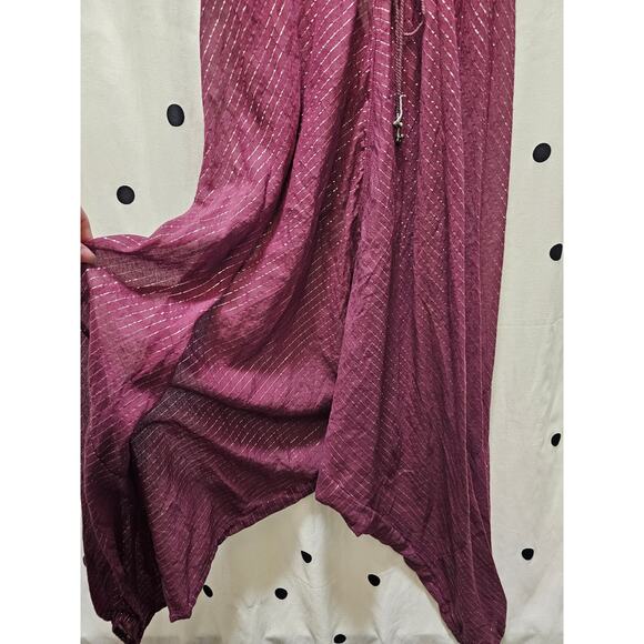 Free People sheer maroon silver pin striped balloon leg v-neck  jumpsuit XS - Picture 5 of 9